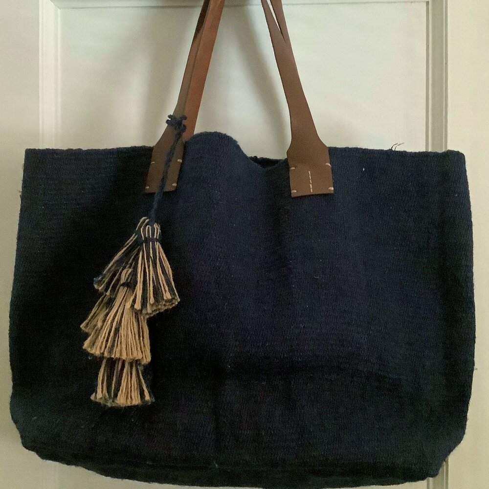 J.Jill dark blue tasseled jute tote bag